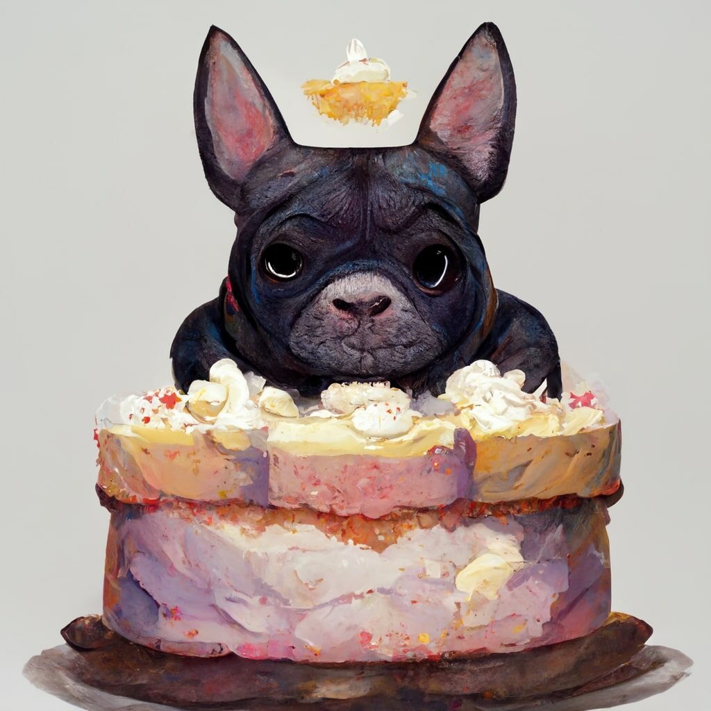 A French Bulldog with a birthday cake