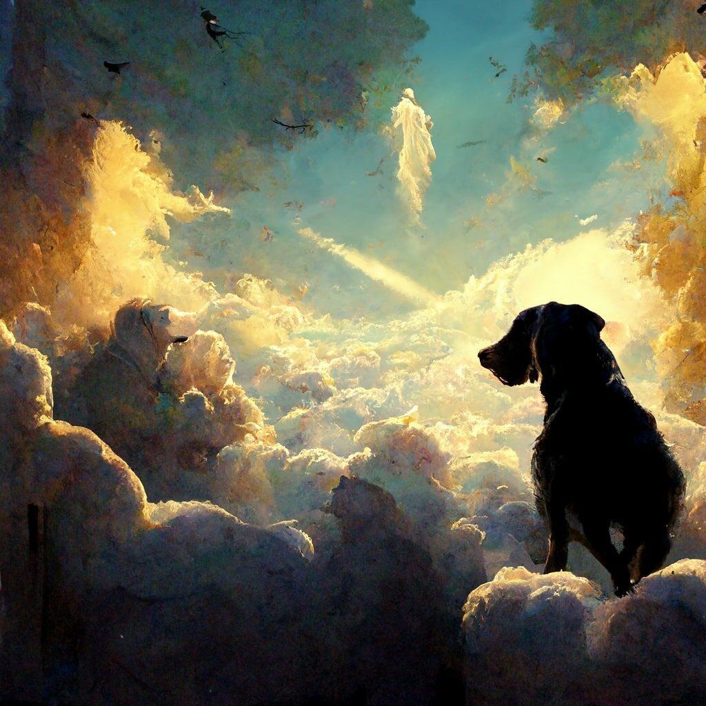 A Labrador Retriever walking in heaven