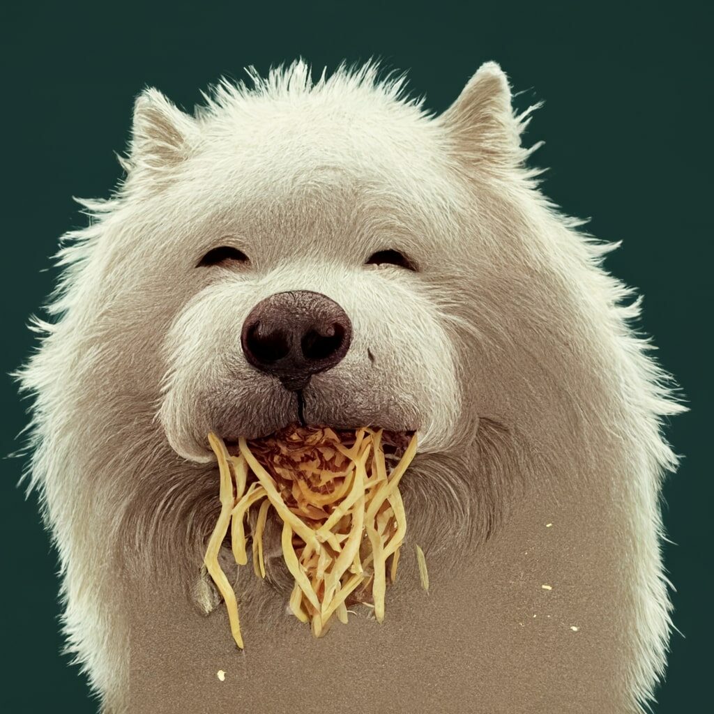 A close-up of a Samoyed dog eating spaghetti