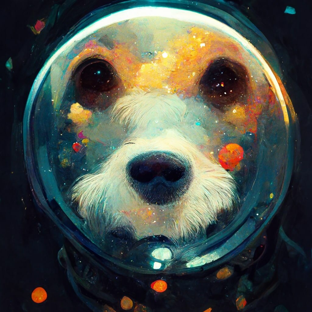 A dog floating in space upscaled