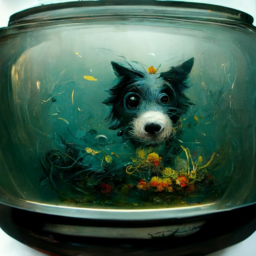 A dog inside a fish bowl with seaweed and other fish