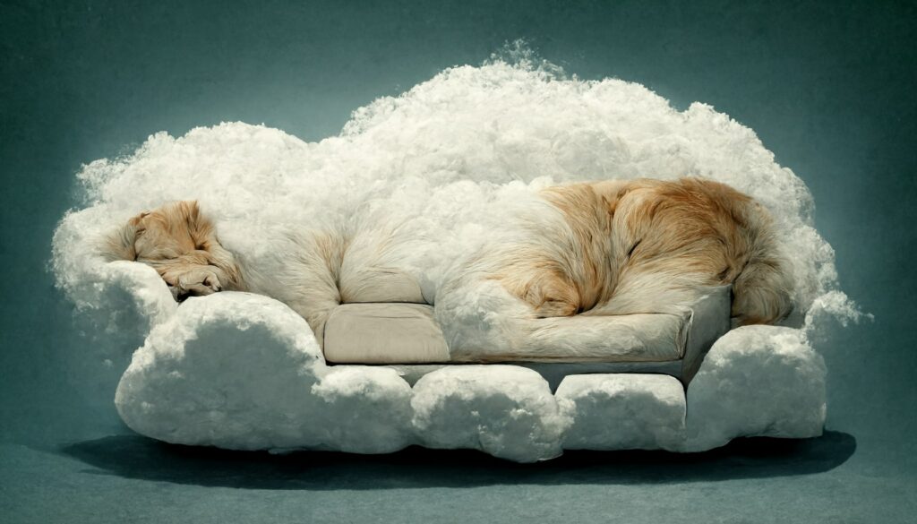 A dog sleeping on a couch shaped like a cloud