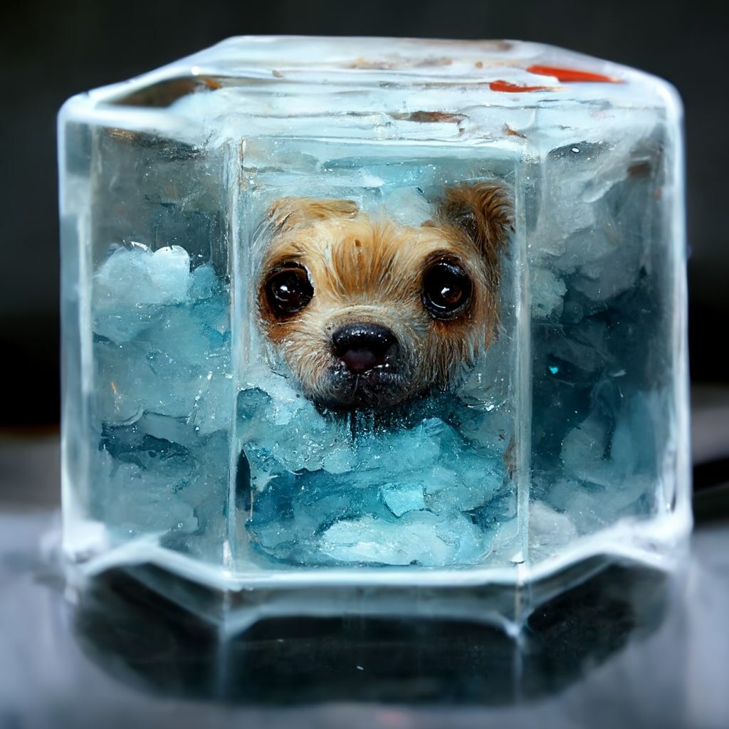 A dog stuck in an ice cube