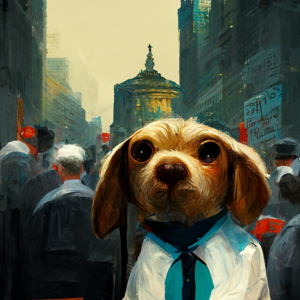 A dog working at Wall Street
