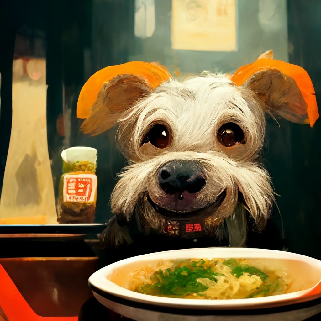 A happy dog eating a ramen at a restaurant