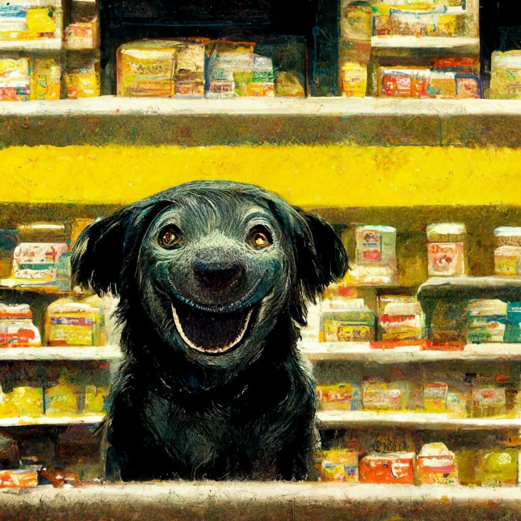 A happy dog in a supermarket in front of the dog food