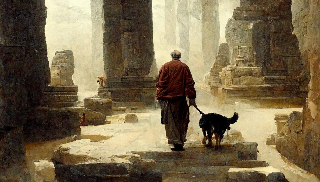A man and his dog walking in an ancient temple