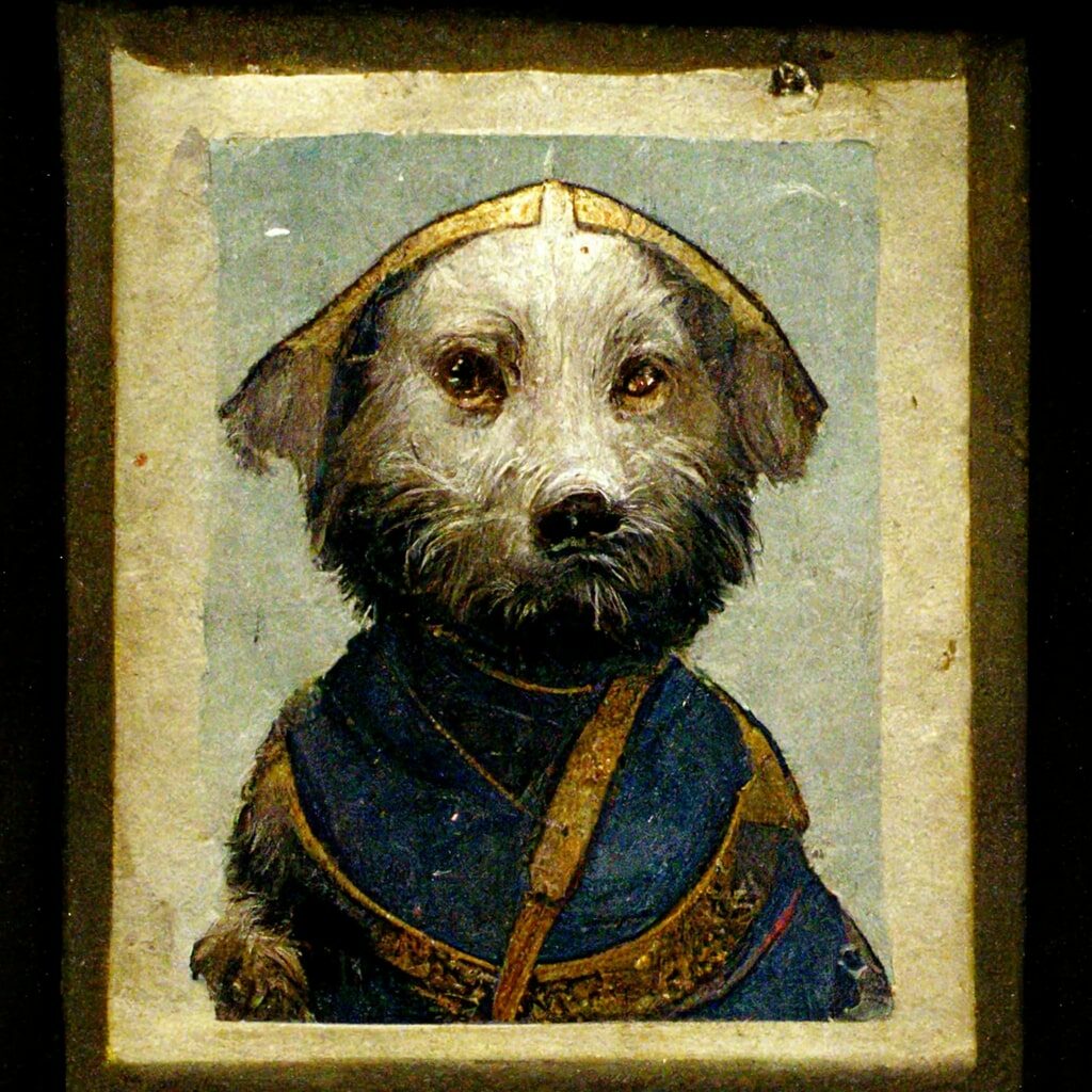 A medieval portait of a dog at a museum