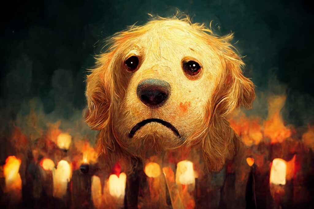 A sad Golden Retriever goes to hell