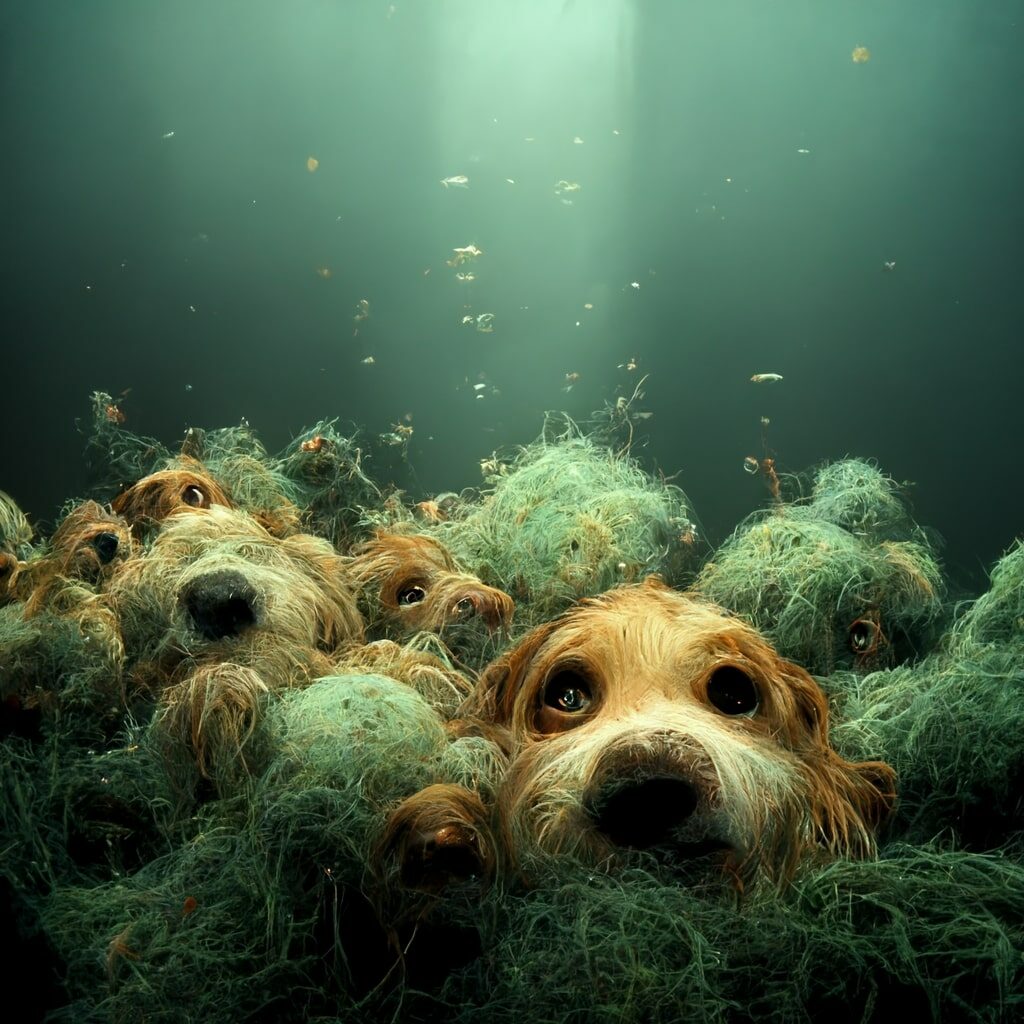 A seabed with dog instead of fish