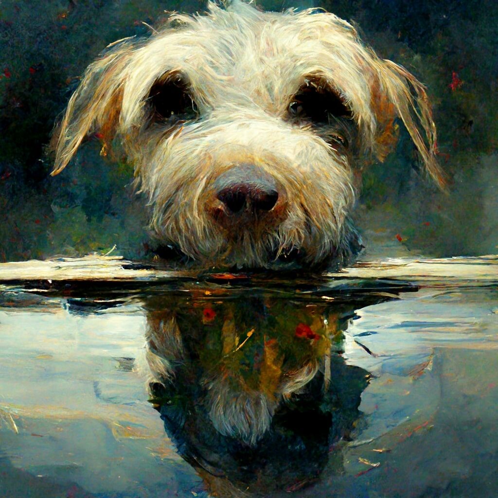 Dog reflection in the water, Impressionism