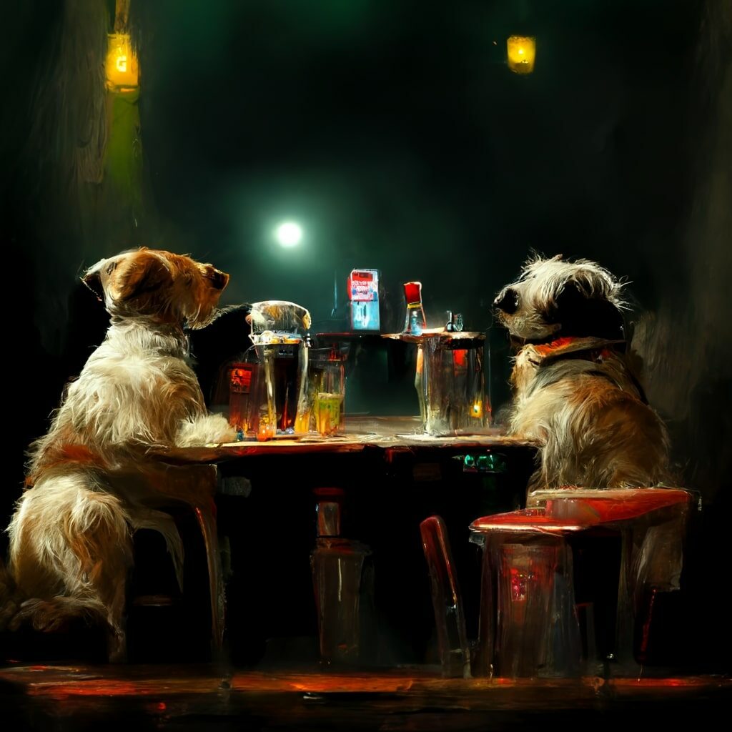 Dogs sitting at a bar at night having a drink