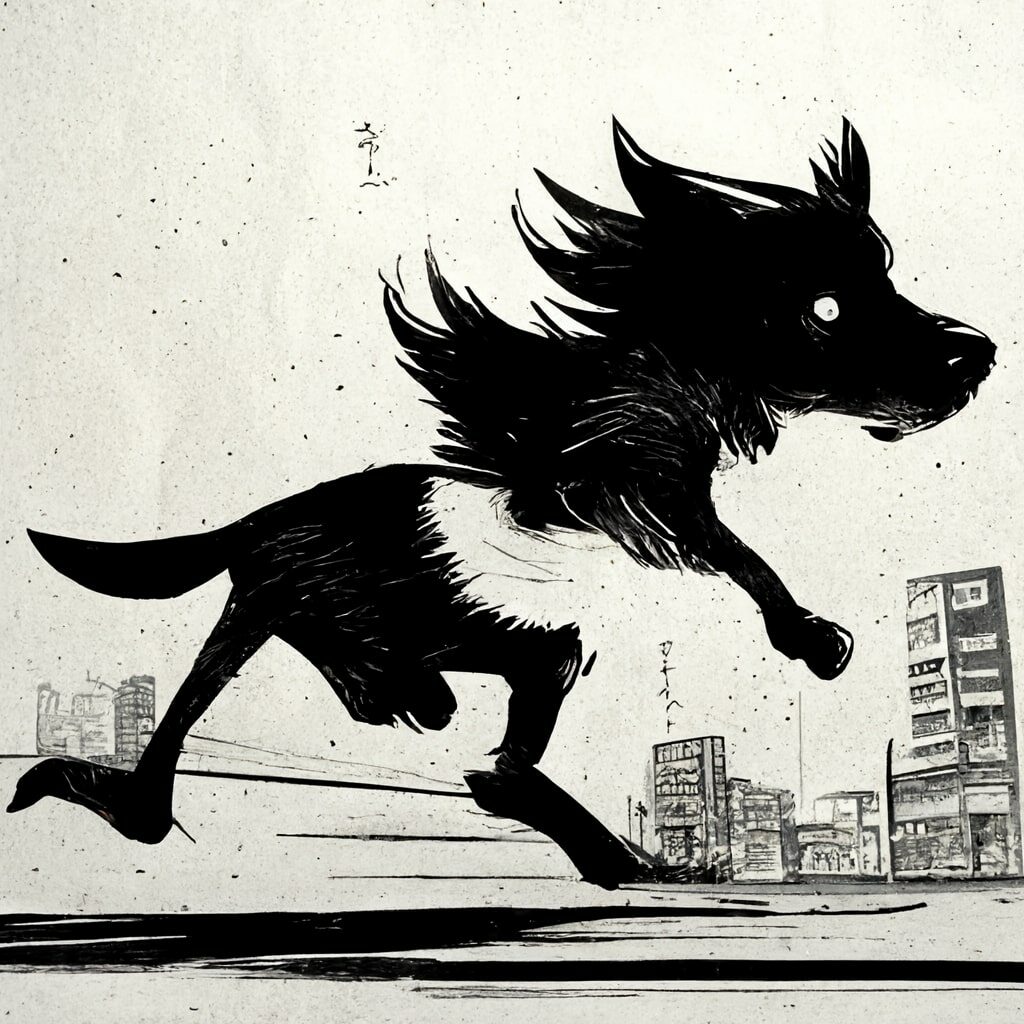 Epic Manga drawing of a dog running in a city