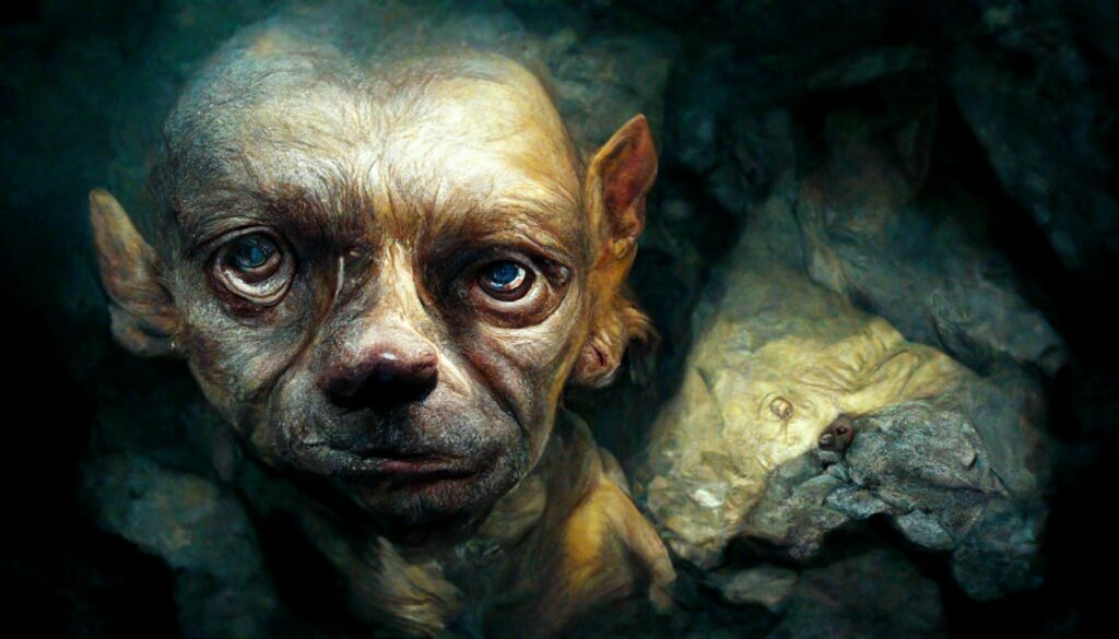 Half Gollum, Half dog, in a dark cave
