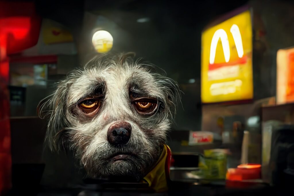 Portrait of a sad dog working at McDonald's, night