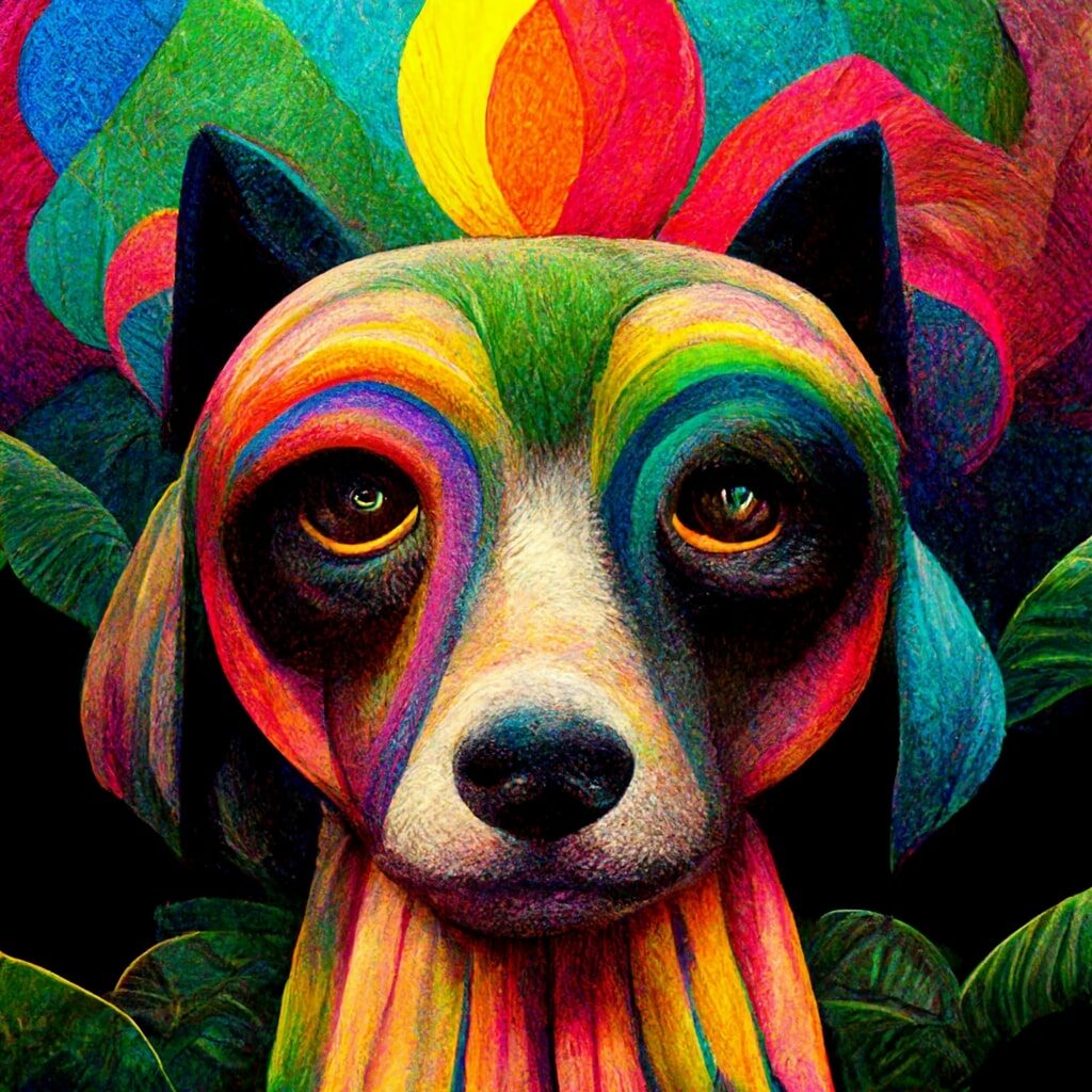 Surrealist and Psychedelic painting of a dog in a rainbow jungle
