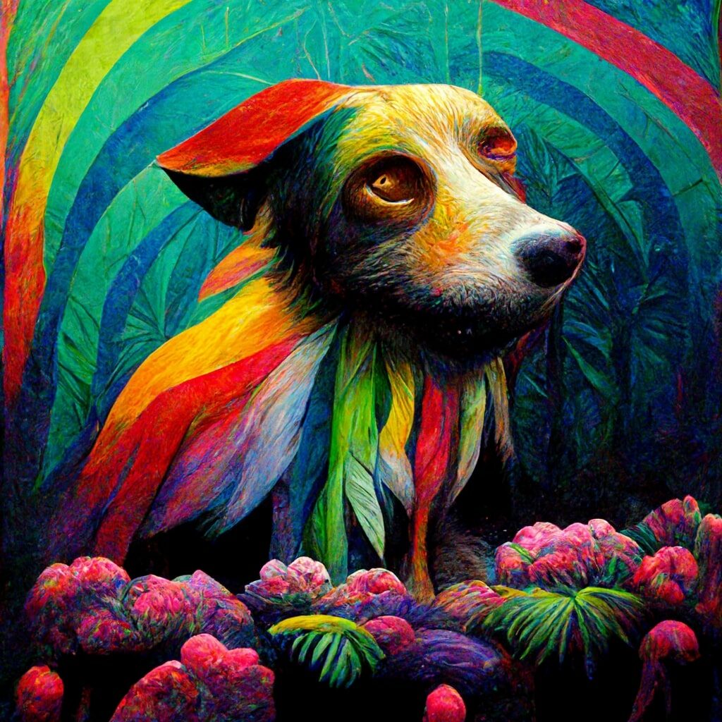 Surrealist and Psychedelic painting of a dog in a rainbow jungle 2