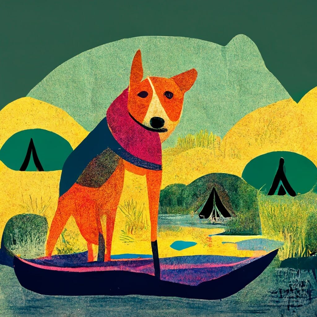 Perro acampando al lado de un río