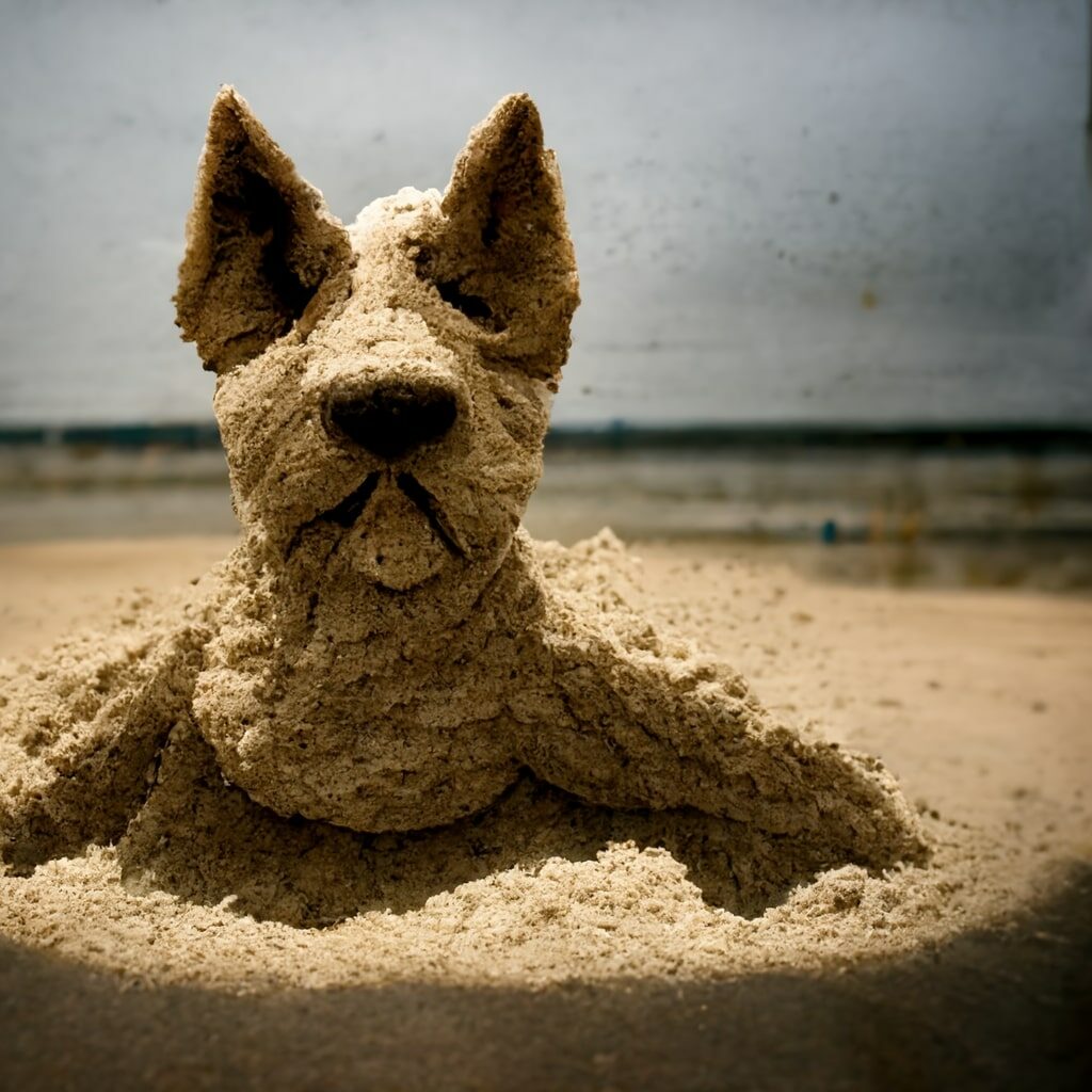 Perro hecho de arena en una playa