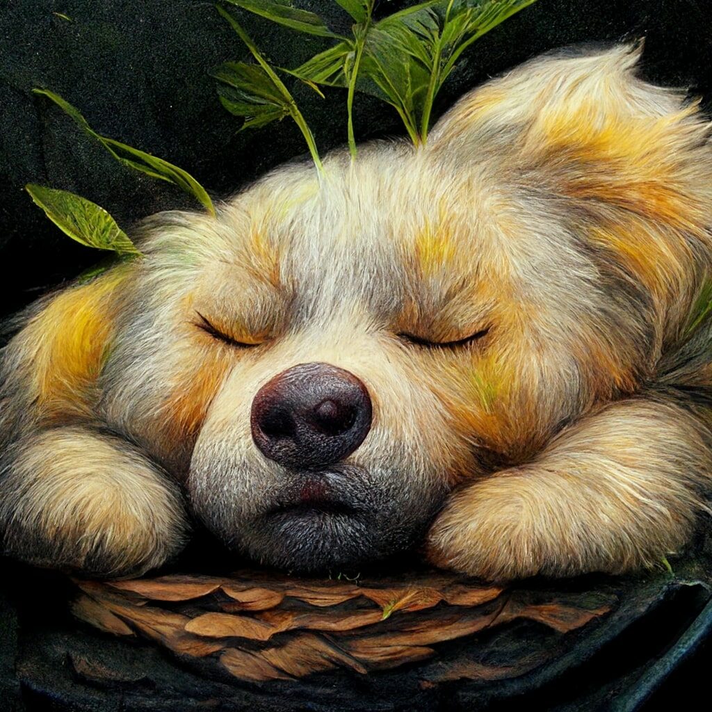 Perro peludo durmiendo en un jardin
