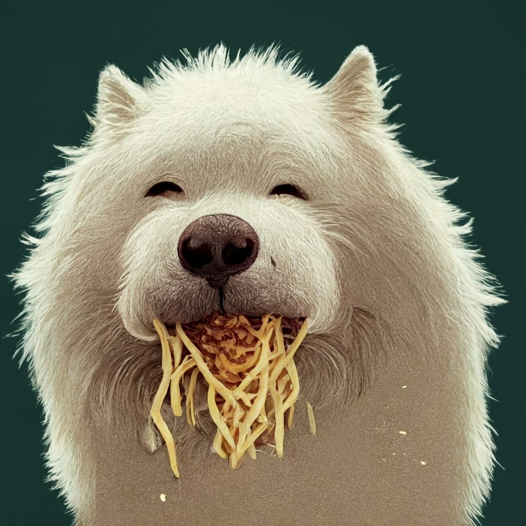 Un samoyedo comiendo espaguetis