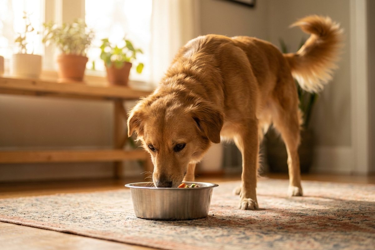 Chien qui mange un repas frais dans sa gamelle