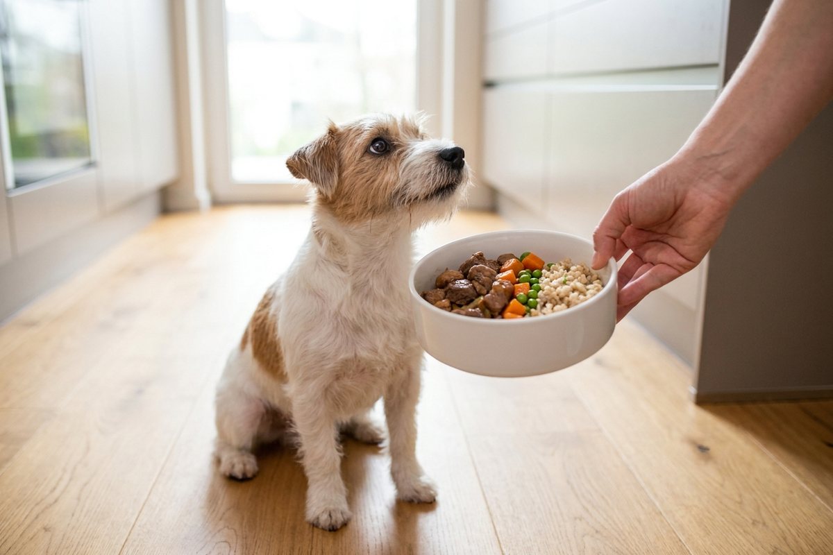Petit chien qui attend sa gamelle de repas frais cuisiné