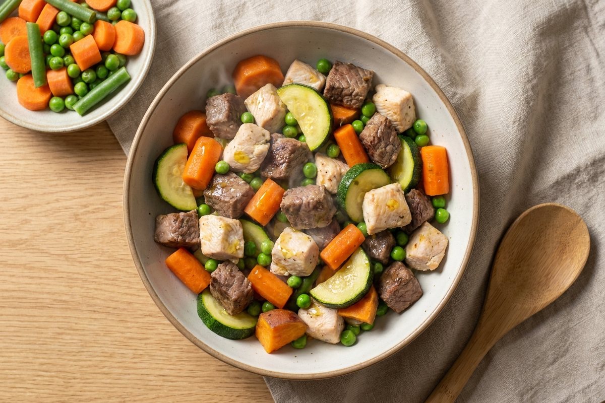 Gamelle de nourriture fraîche pour chien : viande cuite, carottes, courgettes et petits pois