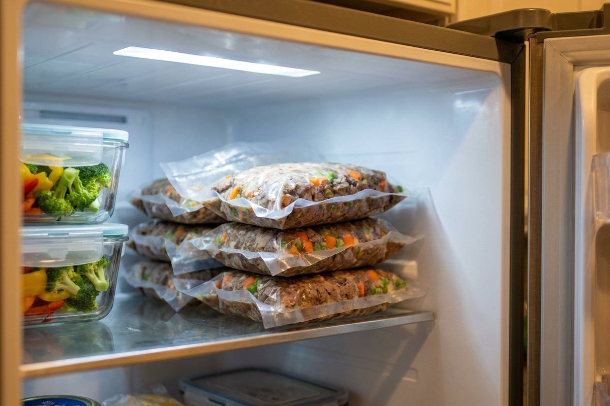 Portions de repas frais pour chien sous vide rangées au réfrigérateur